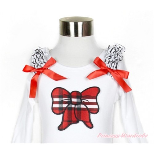 White Long Sleeves Top with Zebra Ruffles & Red Bow & Red Black Checked Butterfly Print TW407 