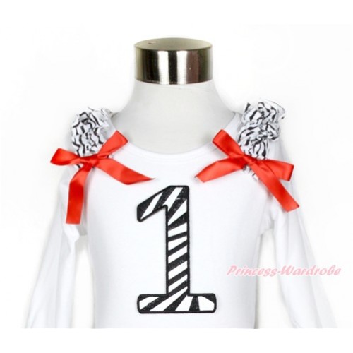 White Long Sleeves Top with Zebra Ruffles & Red Bow & 1st Zebra Birthday Number Print TW409 