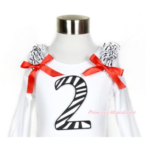 White Long Sleeves Top with Zebra Ruffles & Red Bow & 2nd Zebra Birthday Number Print TW410 