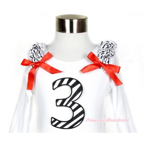 White Long Sleeves Top with Zebra Ruffles & Red Bow & 3rd Zebra Birthday Number Print TW411 