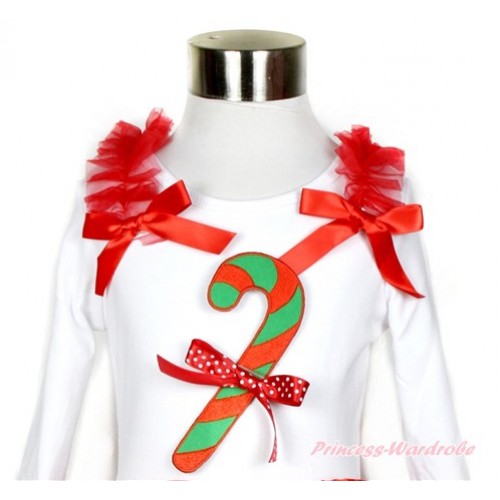 Xmas White Long Sleeves Top with Red Ruffles & Red Bow & Christmas Stick Print & Minnie Dots Bow TW416 