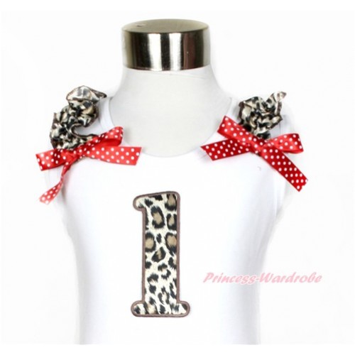 White Tank Top With Leopard Ruffles & Minnie Dots Bow With 1st Leopard Birthday Number Print TB555 