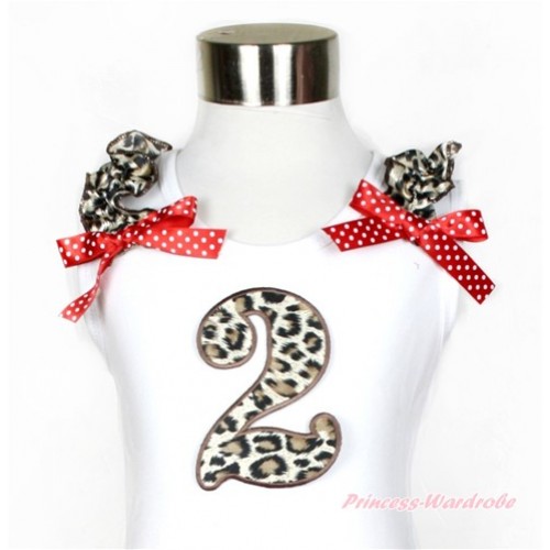 White Tank Top With Leopard Ruffles & Minnie Dots Bow With 2nd Leopard Birthday Number Print TB556 