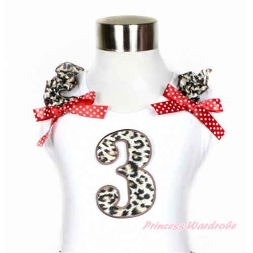 White Tank Top With Leopard Ruffles & Minnie Dots Bow With 3rd Leopard Birthday Number Print TB557 