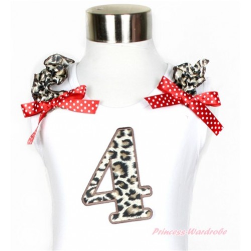 White Tank Top With Leopard Ruffles & Minnie Dots Bow With 4th Leopard Birthday Number Print TB558 
