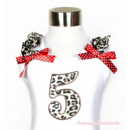 White Tank Top With Leopard Ruffles & Minnie Dots Bow With 5th Leopard Birthday Number Print TB559 