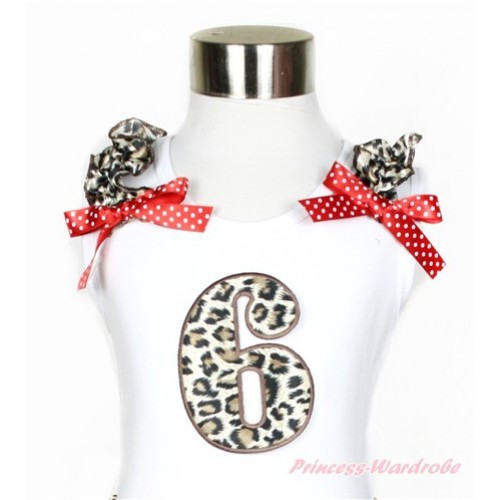 White Tank Top With Leopard Ruffles & Minnie Dots Bow With 6th Leopard Birthday Number Print TB560 