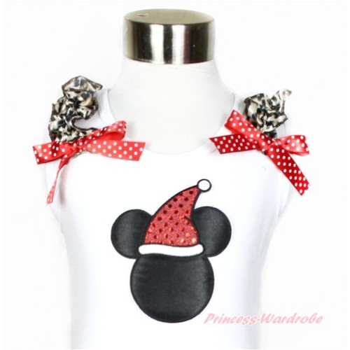 Xmas White Tank Top With Leopard Ruffles & Minnie Dots Bow With Christmas Minnie Print TB564 