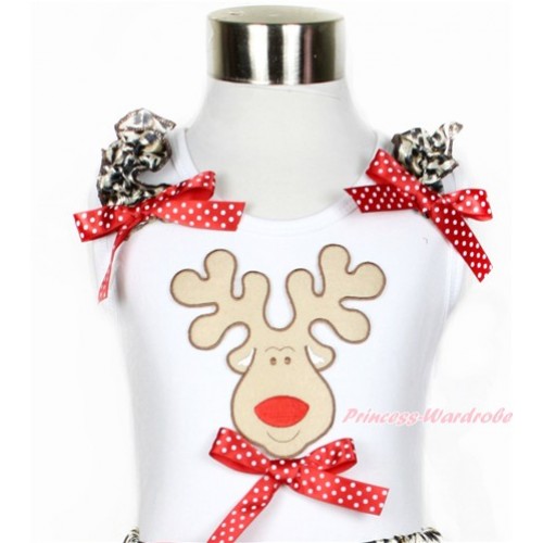 Xmas White Tank Top With Leopard Ruffles & Minnie Dots Bow With Christmas Reindeer Print & Minnie Dots Bow TB567 