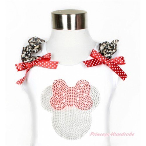 Xmas White Tank Top With Leopard Ruffles & Minnie Dots Bow With Sparkle Crystal Bling Rhinestone Minnie Print TB569 