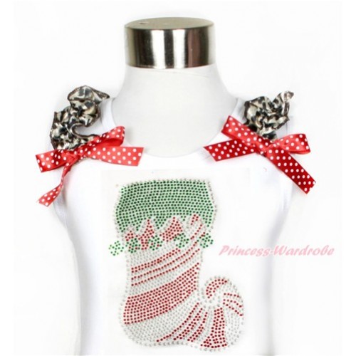 Xmas White Tank Top With Leopard Ruffles & Minnie Dots Bow With Sparkle Crystal Bling Rhinestone Christmas Stocking Print TB570 