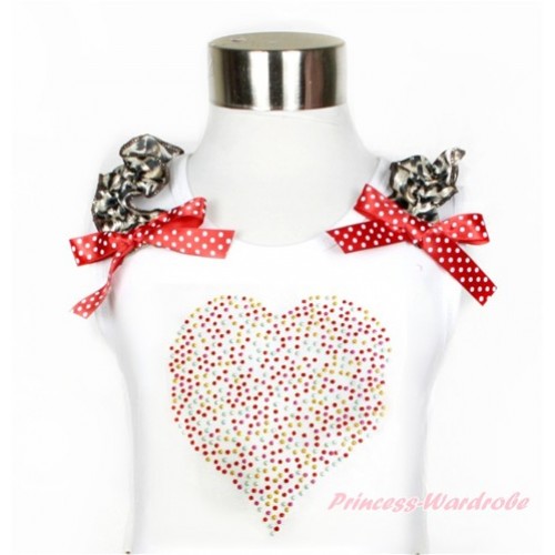 Xmas White Tank Top With Leopard Ruffles & Minnie Dots Bow With Sparkle Crystal Bling Rhinestone Rainbow Heart Print TB571 