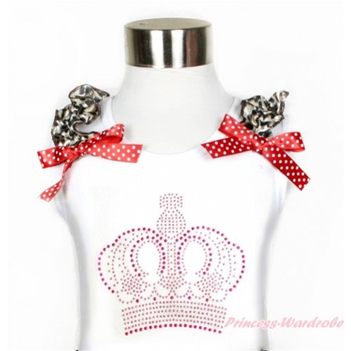 Xmas White Tank Top With Leopard Ruffles & Minnie Dots Bow With Sparkle Crystal Bling Rhinestone Crown Print TB572 