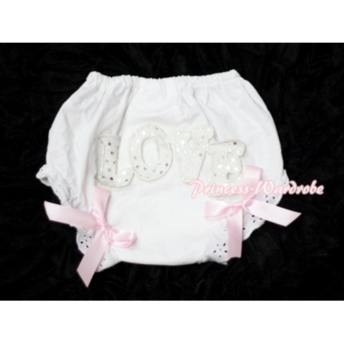 Sweet Spakle LOVE Print White Panties Bloomers with Light Pink Bows LD57 