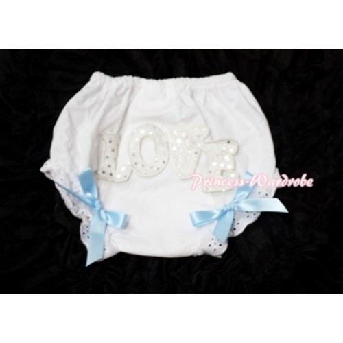 Sweet Spakle LOVE Print White Panties Bloomers with Light Blue Bows LD65 
