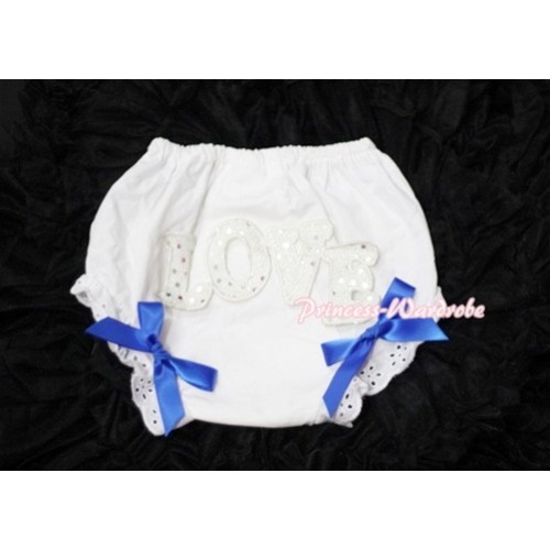 Sweet Spakle LOVE Print White Panties Bloomers with Royal Blue Bows LD66 