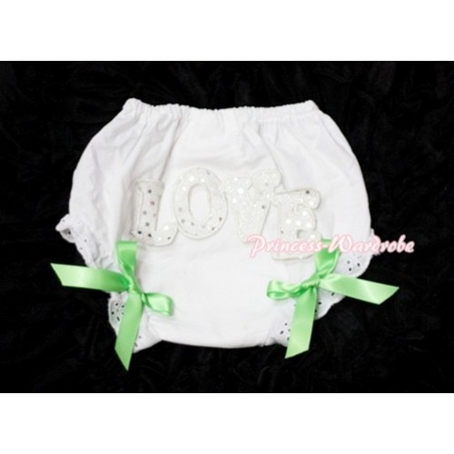 Sweet Spakle LOVE Print White Panties Bloomers with Lime Green Bows LD68 