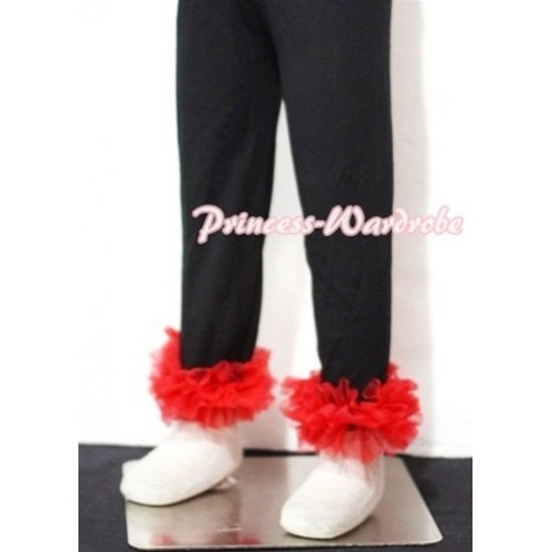 Black Cotton Leggings Trousers with Red Ruffles TU01 