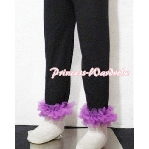 Black Cotton Leggings Trousers with Dark Purple Ruffles TU05 