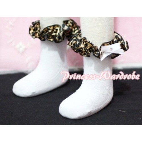 Plain Style Pure White Socks with Black Leopard Ruffles and Bow H206 