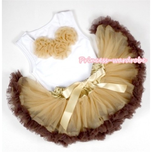White Baby Pettitop with Goldenrod Rosettes with Light Dark Brown Newborn Pettiskirt NG1092 