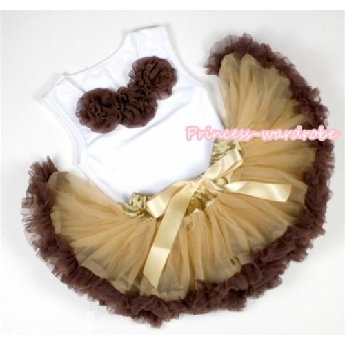 White Baby Pettitop with Brown Rosettes with Light Dark Brown Newborn Pettiskirt NG1093 
