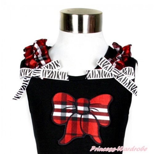 Black Tank Top With Red Black Checked Ruffles & Zebra Bow With Red Black Checked Butterfly Print TB579 