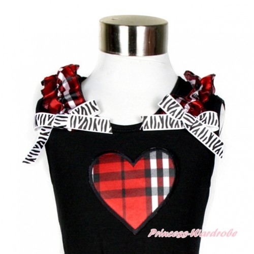 Black Tank Top With Red Black Checked Ruffles & Zebra Bow With Red Black Checked Heart Print TB580 