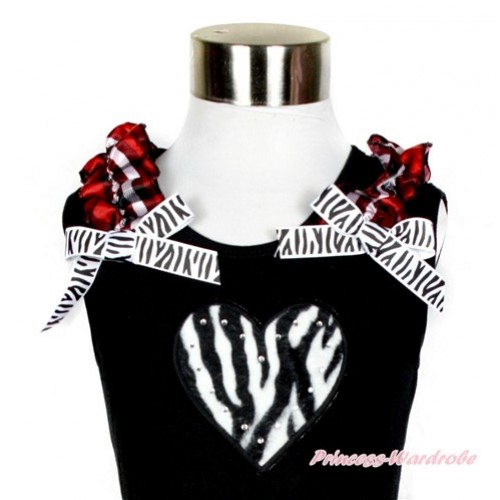 Black Tank Top With Red Black Checked Ruffles & Zebra Bow With Zebra Heart Print TB581 