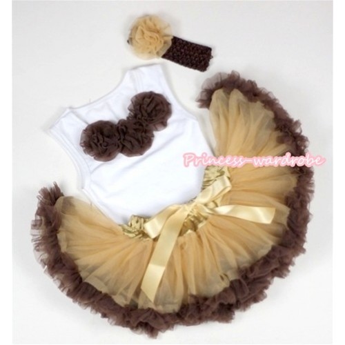 White Baby Pettitop with Brown Rosettes with Light Dark Brown Newborn Pettiskirt &Brown Headband Goldenrod Rose 3PC Set NG1099 
