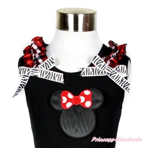Black Tank Top With Red Black Checked Ruffles & Zebra Bow With Minniet Print TB582 