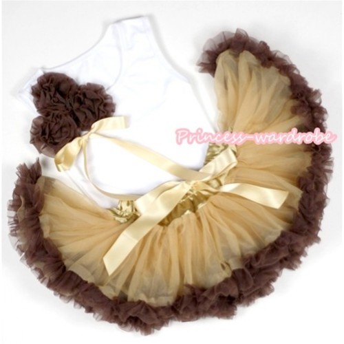 White Baby Pettitop with Bunch of Brown Rosettes &Goldenrod Bow with Light Dark Brown Newborn Pettiskirt NG1095 