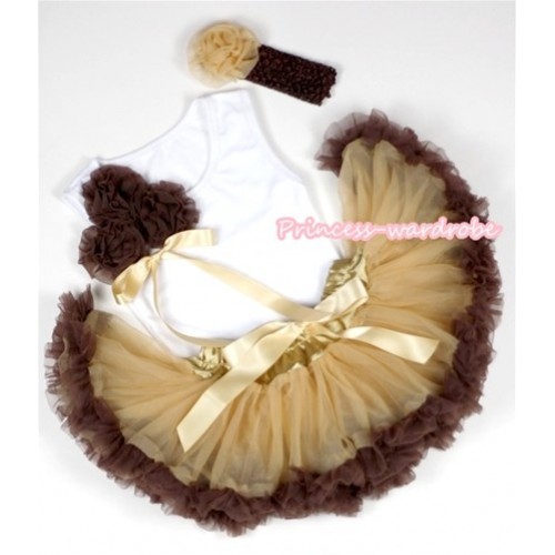 White Baby Pettitop with Bunch of Brown Rosettes& Goldenrod Bow with Light Dark Brown Newborn Pettiskirt &Brown Headband Goldenrod Rose 3PC Set NG1101 