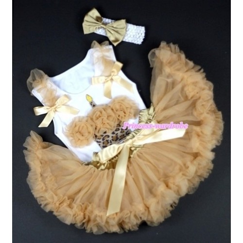 White Baby Pettitop with Goldenrod Rosettes Leopard Birthday Cake Print with Goldenrod Ruffles & Goldenrod Bows &Goldenrod Newborn Pettiskirt With White Headband Goldenrod Satin Bow NG1107 