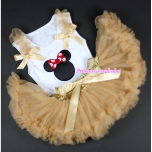 White Baby Pettitop with Minnie Print with Goldenrod Ruffles & Goldenrod Bows with Goldenrod Newborn Pettiskirt NN32 