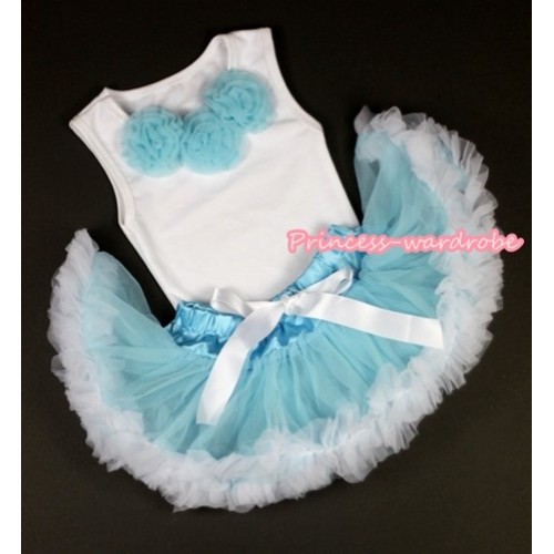 White Baby Pettitop with Light Blue Rosettes with Light Blue White Newborn Pettiskirt NG1112 