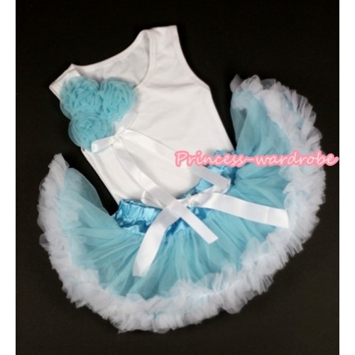 White Baby Pettitop with Bunch of Light Blue Rosettes &White Bow with Light Blue White Newborn Pettiskirt NG1113 