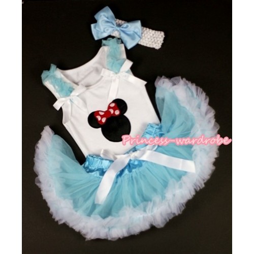 White Baby Pettitop with Minnie Print with Light Blue Ruffles &White Bows &Light Blue White Newborn Pettiskirt With White Headband Light Blue Silk Bow NG1116 