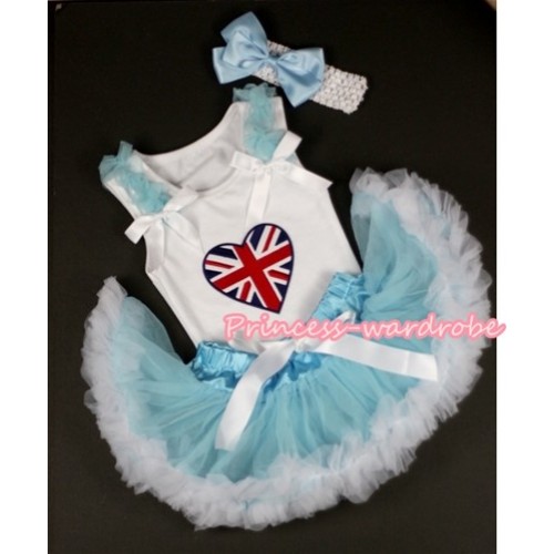 White Baby Pettitop with Patriotic British Heart Print with Light Blue Ruffles &White Bows &Light Blue White Newborn Pettiskirt With White Headband Light Blue Silk Bow NG1118 