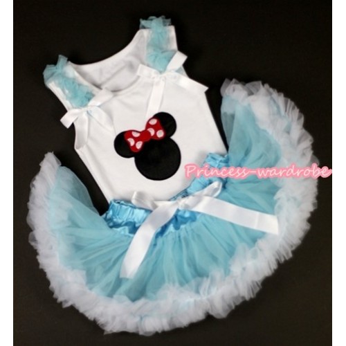 White Baby Pettitop with Minnie Print with Light Blue Ruffles & White Bows with Light Blue White Newborn Pettiskirt NN36 