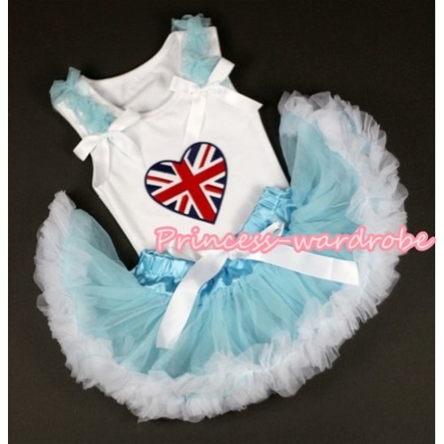White Baby Pettitop with Patriotic British Heart Print with Light Blue Ruffles & White Bows with Light Blue White Newborn Pettiskirt NN38 