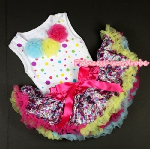 White Rainbow Dots Newborn Pettitop with Light Blue Yellow Hot Pink Rosettes with Hot Pink Rainbow Floral Fusion Newborn Pettiskirt NP003 