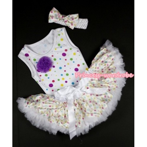 White Rainbow Dots Newborn Pettitop with One Dark Purple Rose with White Rainbow Polka Dots Newborn Pettiskirt With White Headband White Rainbow Dots Satin Bow NP007 