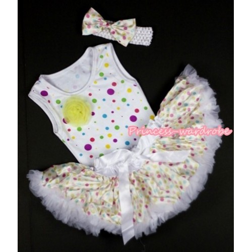 White Rainbow Dots Newborn Pettitop with One Yellow Rose with White Rainbow Polka Dots Newborn Pettiskirt With White Headband White Rainbow Dots Satin Bow NP008 
