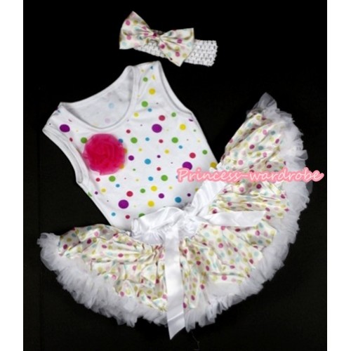 White Rainbow Dots Newborn Pettitop with One Hot Pink Rose with White Rainbow Polka Dots Newborn Pettiskirt With White Headband White Rainbow Dots Satin Bow NP010 