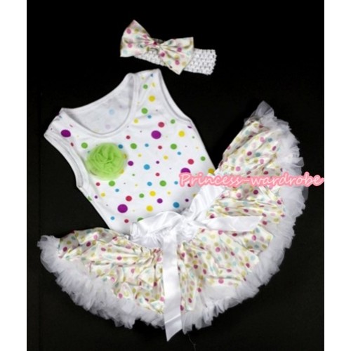 White Rainbow Dots Newborn Pettitop with One Light Green Rose with White Rainbow Polka Dots Newborn Pettiskirt With White Headband White Rainbow Dots Satin Bow NP011 