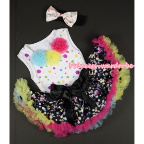White Rainbow Dots Newborn Pettitop with Light Blue Yellow Hot Pink Rosettes with Black Rainbow Polka Dots Newborn Pettiskirt With Black Headband White Rainbow Dots Satin Bow NP015 