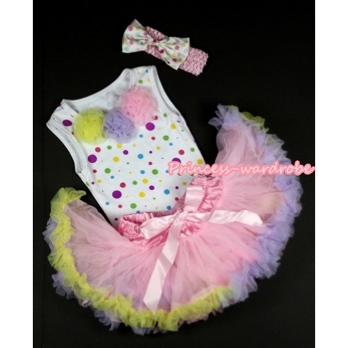 White Rainbow Dots Newborn Pettitop with Yellow Light Purple Pink Rosettes with Light Pink Rainbow Newborn Pettiskirt With Light Pink Headband White Rainbow Dots Satin Bow NP017 