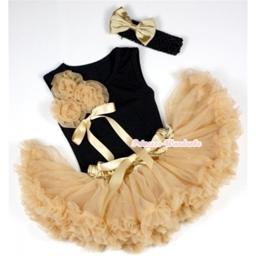 Black Baby Pettitop with Bunch of Goldenrod Rosettes& Goldenrod Bow with Goldenrod Newborn Pettiskirt With Black Headband Goldenrod Satin Bow 3PC Set NG424 