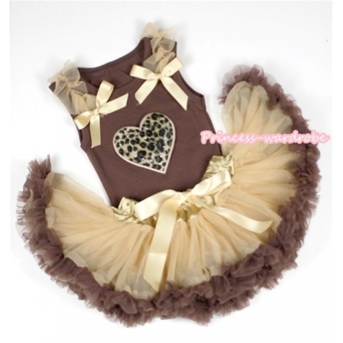 Brown Baby Pettitop with Leopard Heart Print with Goldenrod Ruffles & Goldenrod Bows with Light Dark Brown Newborn Pettiskirt BG64 